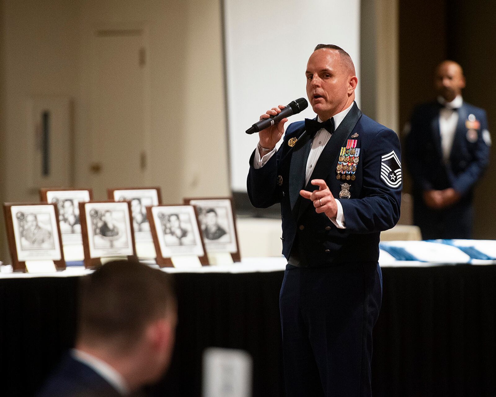 Senior Master Sgt. Chad Goff, 88th Force Support Squadron senior enlisted leader, gives the keynote address to Airman Leadership School Class 22-D during its graduation ceremony May 5 in the Wright-Patterson Club. Goff was class mentor for the 33 active-duty and two civilian Airmen. U.S. AIR FORCE PHOTO/R.J. ORIEZ