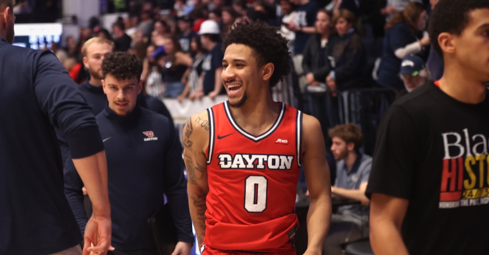 Dayton's Javon Bennett leaves the court after a victory against George Washington on Friday, Feb. 27, 2026, at the Charles E. Smith Center in Washington, D.C. David Jablonski/Staff