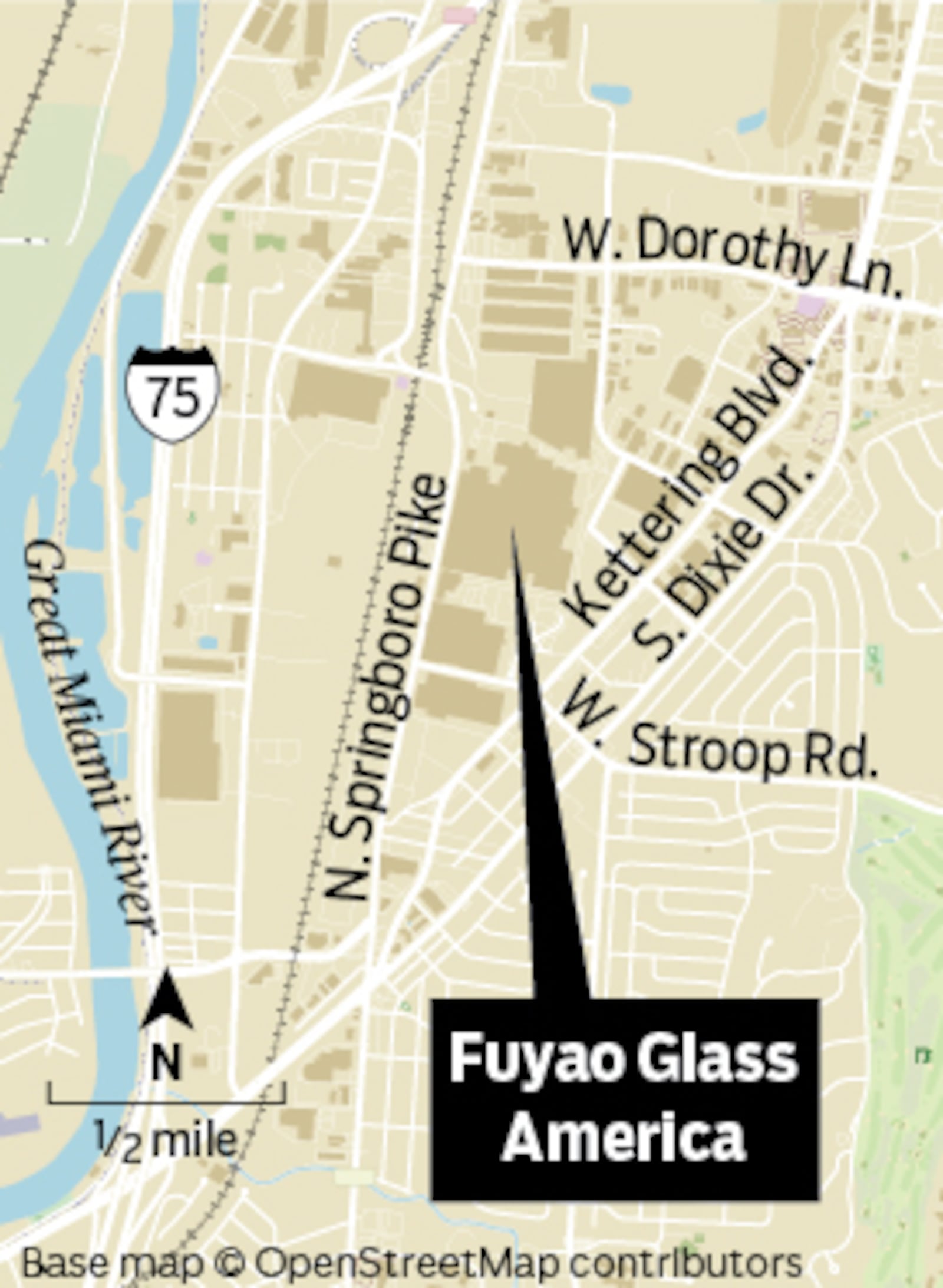 Fuyao Glass America is primarily located at 800 Fuyao Avenue, Moraine, in between N. Springboro Pike and Kettering Boulevard, which serves as its main manufacturing facility and office address. A second key location for its operations is situated at 2801 W. Stroop Road, Moraine. STAFF