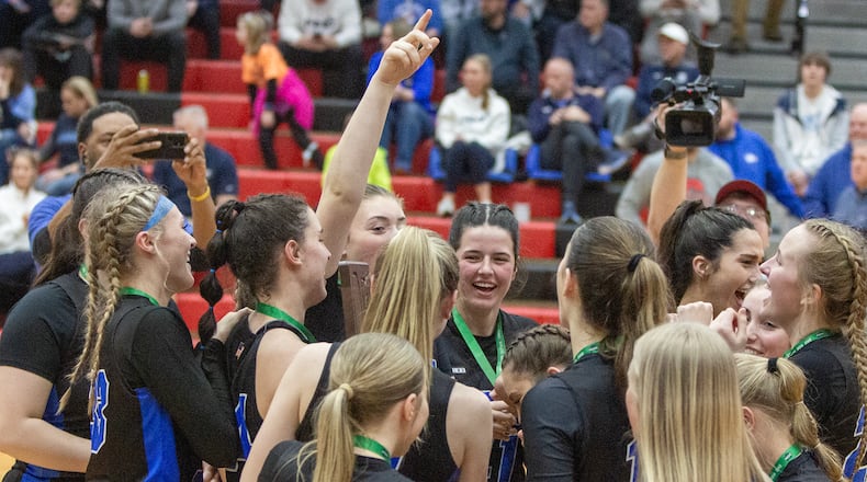 Just like during the game, everyone in a Springboro uniform did their part to celebrate Saturday night's regional championship victory over Cincinnati Mount Notre Dame at Lakota West High School. Jeff Gilbert/CONTRIBUTED