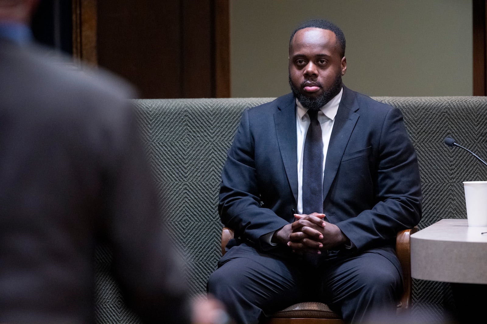 Former Memphis Police Department officer Tadarrius Bean, one of three former officers charged with fatally beating Tyre Nichols in 2023, takes the stand to decline to testify on his own behalf during the sixth day of the trial, Saturday, May 3, 2025, in Memphis, Tenn. (Chris Day/The Commercial Appeal via AP, Pool)