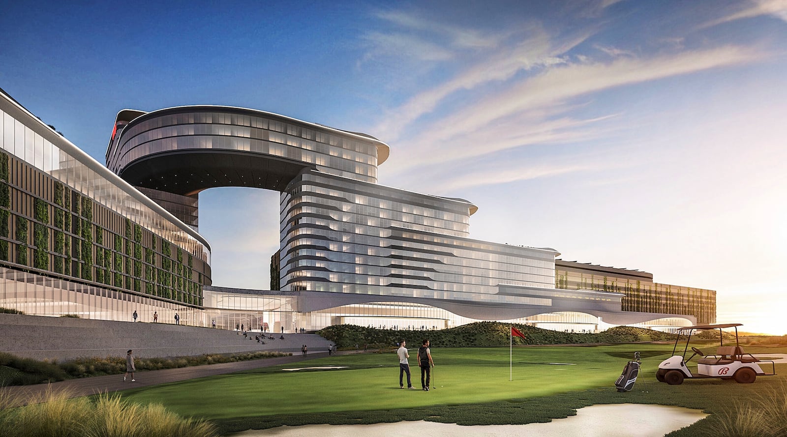 This rendering image by HKS + Gensler shows the Bally's casino proposed on a city-owned golf course, in The Bronx borough of New York. (HKS + Gensler via AP)