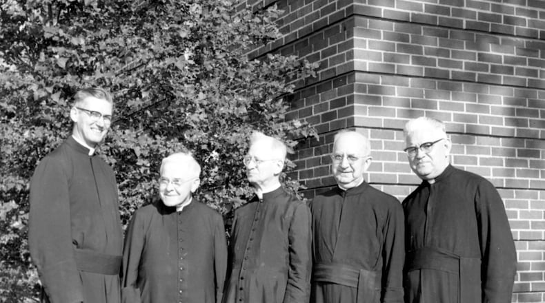 University of Dayton Presidents (from left to right) Very Rev. Raymond A. Roesh (1959-1979), Rev. George J. Renneker (1944-1953), Rev. Walter C. Tredtin (1932-1938), Rev. John A. Elvert (1938-1944) and Rev. Andrew L. Seebold (1953-1959). Photographs from the University of Dayton Archives Collection