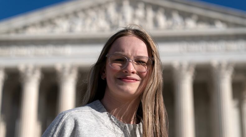 Becky Pepper-Jackson poses for a photograph outside of the U.S. Supreme Court in Washington, Sunday, Jan. 11, 2026. (AP Photo/Jose Luis Magana)