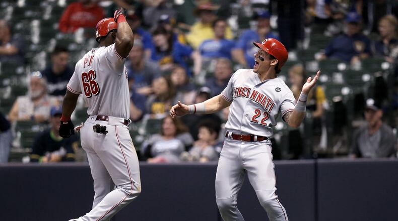 MILWAUKEE, WISCONSIN - JUNE 21:  Yasiel Puig #66 and Derek Dietrich #22 of the Cincinnati Reds celebrate after Puig hit a home run in the eighth inning against the Milwaukee Brewers at Miller Park on June 21, 2019 in Milwaukee, Wisconsin. (Photo by Dylan Buell/Getty Images)