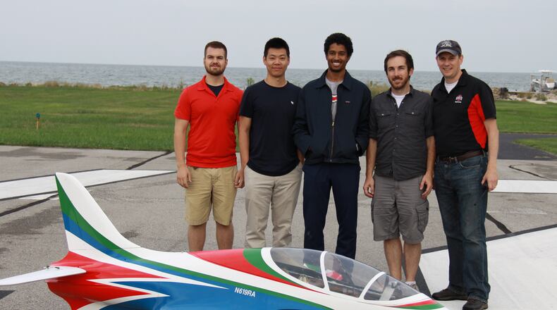 Ohio State engineering students and professors set a drone flight speed record on this week. Pictured from left to right are Mark Sutkowy, Wenbo Zhu, Ryan Thorpe and Matt McCrink with professor Jim Gregory.
