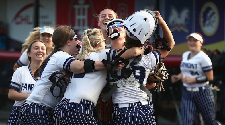 Fairmont celebrates after a victory against Oak Hills in a Division I regional semifinal on Wednesday, May 28, 2025, at Indian Hill High School. David Jablonski/Staff