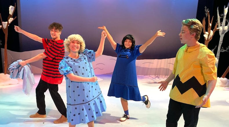 left to right: Ian Spraul (Linus), Helen Grisez (Sally), Alexis Paige (Lucy) and Colin Drayer (Charlie Brown) in Sinclair Community College's production of "A Charlie Brown Christmas."