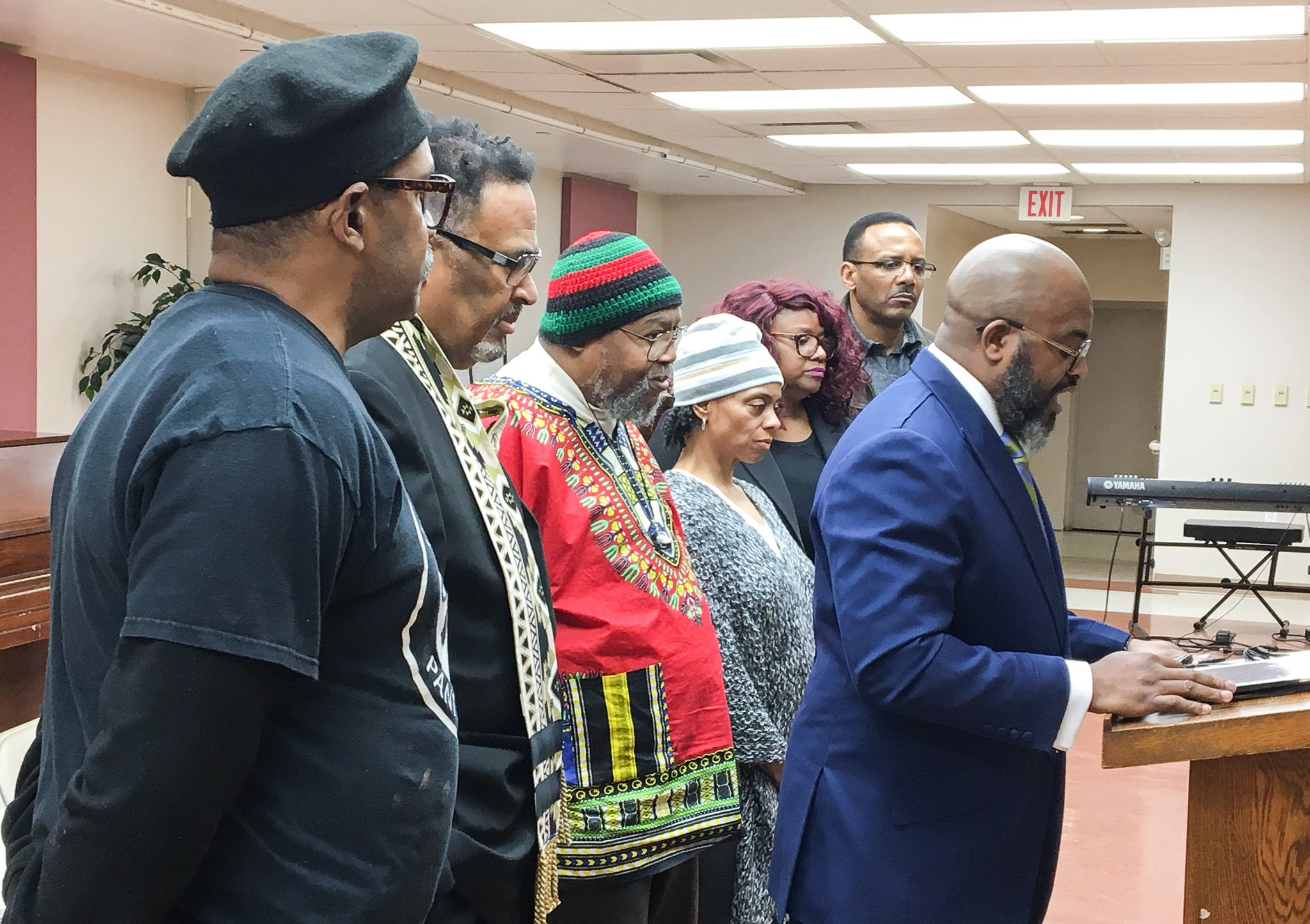 A Better Dayton Coalition is circulating a petition asking Montgomery County to revoke the permit allowing a Ku Klux Klan group use of Courthouse Square on May 25. The Rev. Chad White, right, and other leaders of community organizations called for a series of town hall meetings and a peaceful protest to counter the planned rally by the Honorable Sacred Knights of Indiana. CHRIS STEWART / STAFF