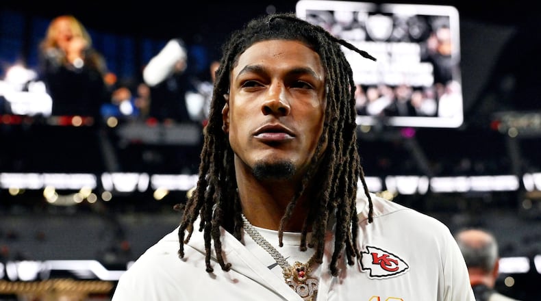 FILE - Kansas City Chiefs running back Isiah Pacheco (10) looks on after an NFL football game against the Las Vegas Raiders, Jan 4, 2026, in Las Vegas. (AP Photo/David Becker, File)