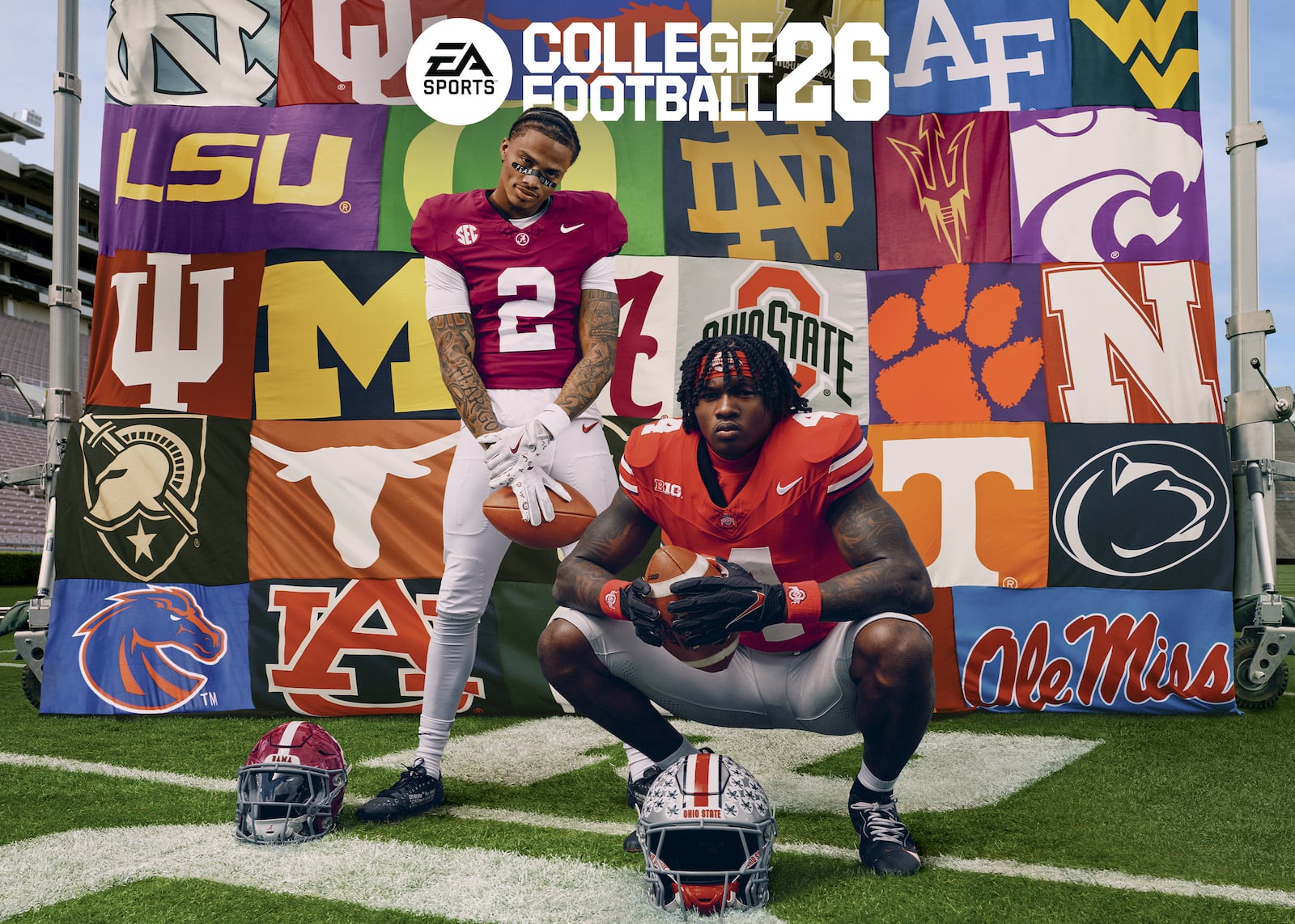 This image provided by EA Sports shows NCAA college football players Alabama's Ryan Williams, left, and Ohio State's Jeremiah Smith on the cover of EA Sports College Football 26 standard edition. (EA Sports via AP)
