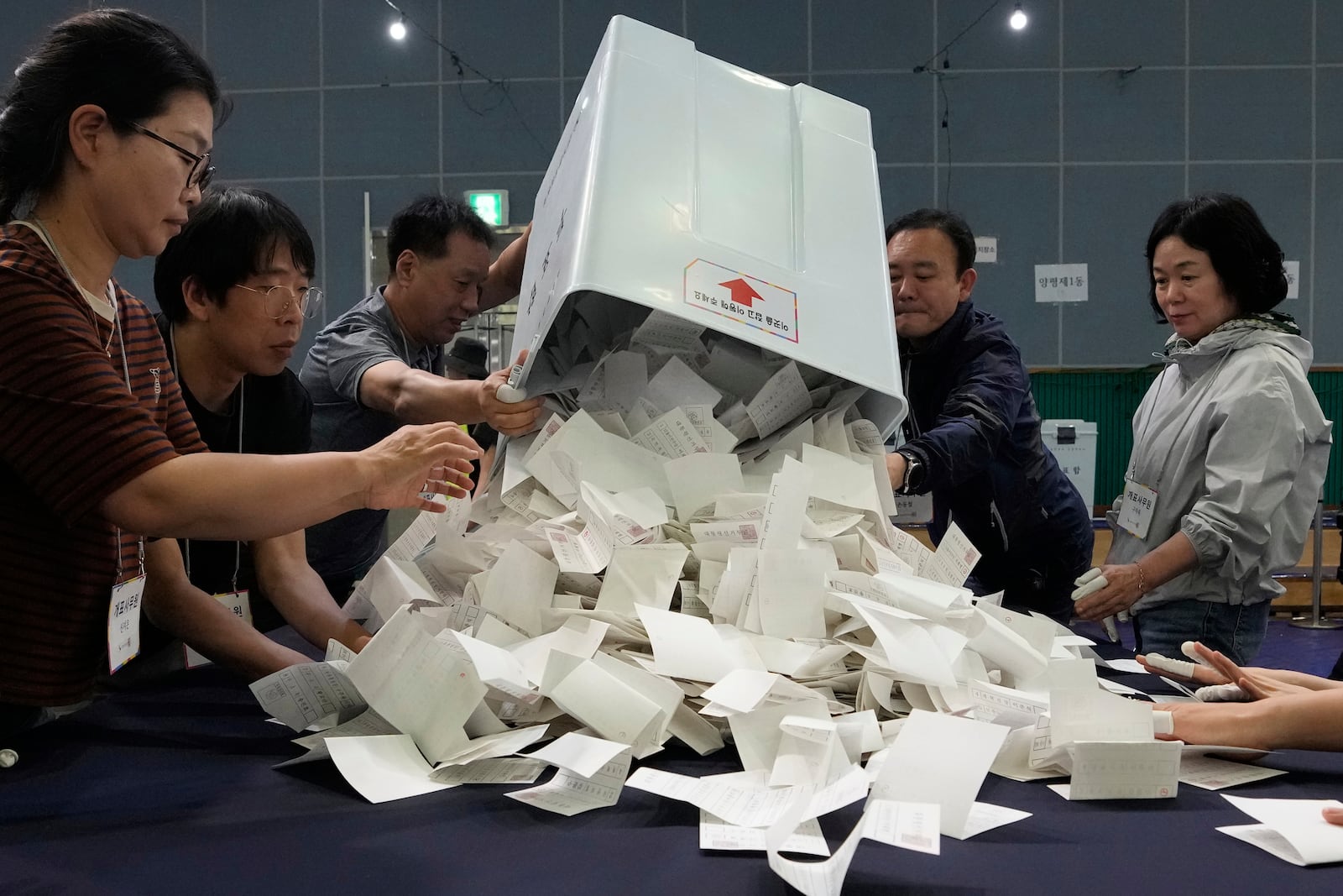 National Election Commission officials sort out ballots for counting at the presidential election in Seoul, South Korea, Tuesday, June 3, 2025. (AP Photo/Ahn Young-joon)