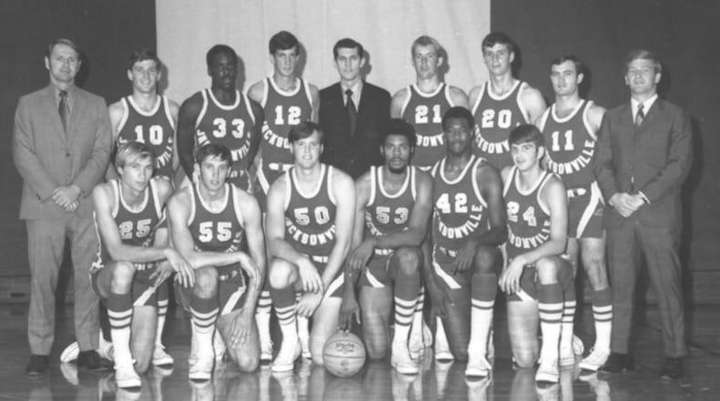 The Cinderella Jacksonville University team went 27-2 and played in the NCAA Tournaments championship game in 1970, losing to UCLA. JU was the tallest team in Division I basketball that year, but the school (then just 2,300 students) remains the smallest ever to make it to the NCAA title game. Greg Nelson (front row, second front left, No. 55) lived in Dayton the past 4 ½ decades, died in February and is being honored with a Celebration of Life Friday in Bellbrook. His All-American teammate and longtime NBA and ABA standout Artis Gilmore will speak at the event. CONTRIBUTED