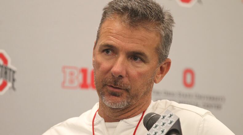 Ohio State’s Urban Meyer talks to reporters on Monday, Aug. 7, 2017, at the Woody Hayes Athletic Center in Columbus. David Jablonski/Staff