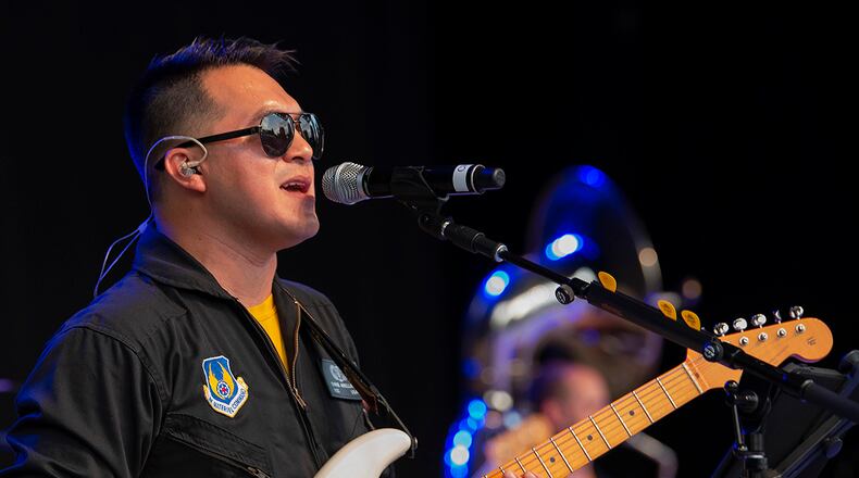 Airman 1st Class Christopher Arellano, Air Force Band of Flight, performs at Fraze Pavilion on July 27. Arellano was named the Air Force’s New Musician of the Year. U.S. AIR FORCE PHOTO/R.J. ORIEZ