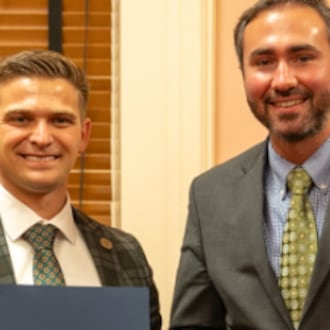 State representatives David Thomas, R- Jefferson, left, and Ty Mathews, R-Findlay, recently introduced House Bill 520, legislation that would establish Blue Ribbon Committees in every Ohio county to review local taxing units, departments, and public services in an effort to reduce duplication, improve efficiency, and save taxpayer dollars. CONTRIBUTED