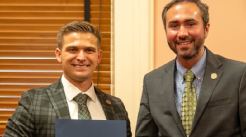 State representatives David Thomas, R- Jefferson, left, and Ty Mathews, R-Findlay, recently introduced House Bill 520, legislation that would establish Blue Ribbon Committees in every Ohio county to review local taxing units, departments, and public services in an effort to reduce duplication, improve efficiency, and save taxpayer dollars. CONTRIBUTED