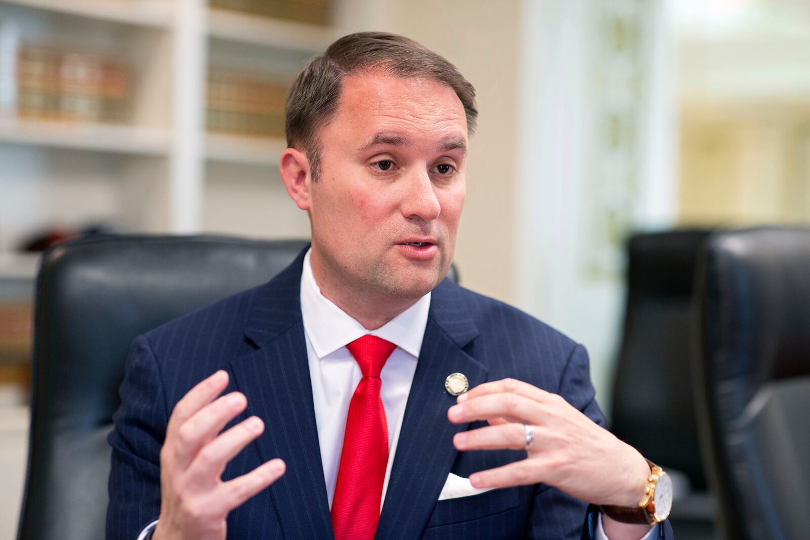 FILE - Virginia Attorney General Jason Miyares speaks during an interview at the Office of the Attorney General in Richmond, Va., Tuesday, May 9, 2023. (AP Photo/Ryan M. Kelly, file)