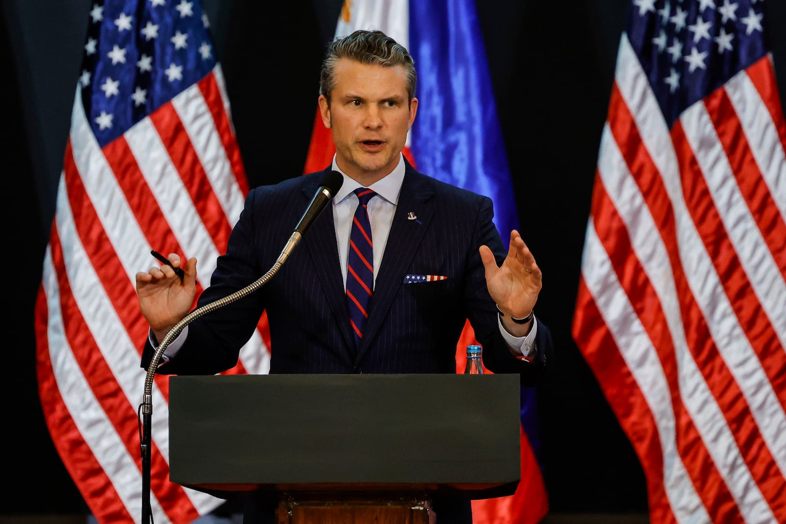 FILE - U.S. Defense Secretary Pete Hegseth holds a joint press conference with and Philippine Secretary of Defense Gilberto Teodoro at the Armed Forces of the Philippines Headquarters in Camp Aguinaldo in Quezon City, Philippines, Friday, March 28, 2025. (AP Photo/Gerard Carreon, File)