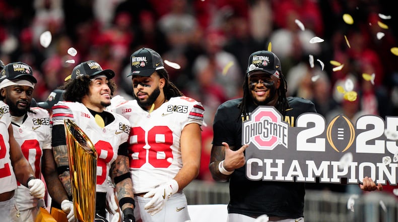 Ohio State celebrates after their win against Notre Dame in the College Football Playoff national championship game Monday, Jan. 20, 2025, in Atlanta. (AP Photo/Jacob Kupferman)