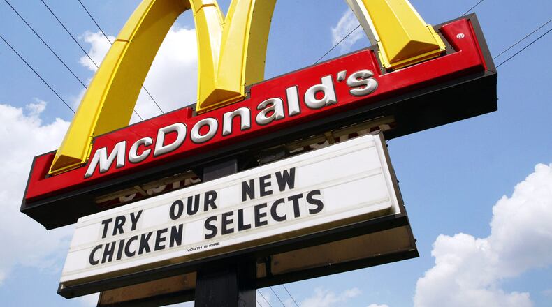 NILES, IL - JULY 28: A McDonald's sign promotes new Chicken Selects stands near a store July 28, 2004 in Niles, Illinois. McDonald's has introduced new Chicken Selects premium breast strips as way of targeting consumers eating more white-meat chicken. (Photo by Tim Boyle/Getty Images)