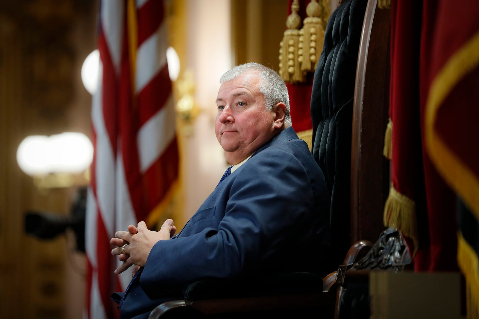 FILE - Ohio House Speaker Larry Householder sits at the head of a legislative session in Columbus, Ohio, Oct. 30, 2019. (AP Photo/John Minchillo, File)