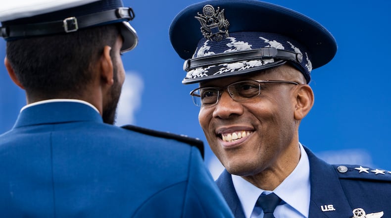 Gen. Charles “CQ” Brown, the Air Force chief of staff, smiles as President Joe Biden spoke at the Air Force Academy commencement ceremony in El Paso County, Colorado, on Thursday, June 1, 2023. Brown is Biden’s nominee to serve as next chairman of the Joint Chiefs of Staff. (Doug Mills/The New York Times)