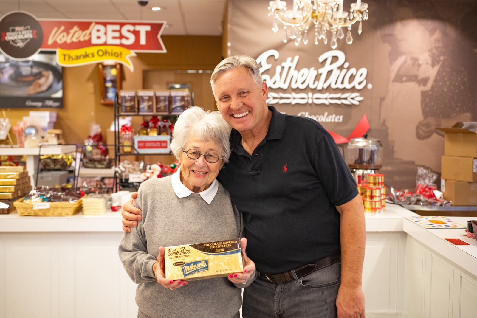 A lifelong chocolate fan, Carol Matusoff celebrated her 90th birthday with a trip to Esther Price. Jim Day and Doug Dressman, respective owner and VP of Esther Price, took Matusoff for a personalized factory tour and tasting. CONTRIBUTED PHOTO