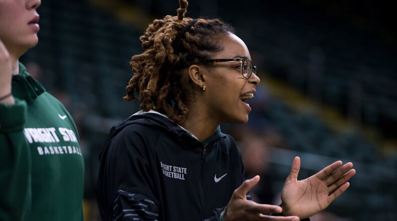 Makira "Bunny" Webster cheers on her teammates during Wednesday night's game vs. Robert Morris at the Nutter Center. Wright State Athletics photo