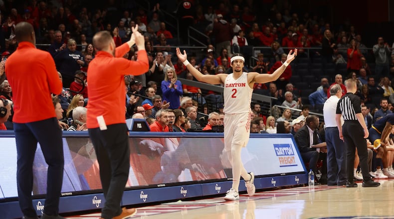 Dayton's Toumani Camara leaves the court in the final minutes of a victory against La Salle on Tuesday, Feb. 28, 2023, at UD Arena. David Jablonski/Staff