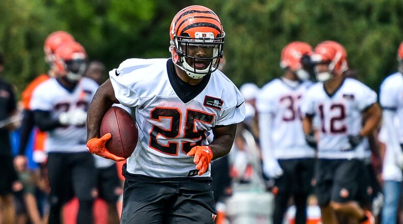 Running back Giovani Bernard carries the ball during the first day of Cincinnati Bengals Training Camp Friday, July 28 at the practice fields beside Paul Brown Stadium in Cincinnati. NICK GRAHAM/STAFF