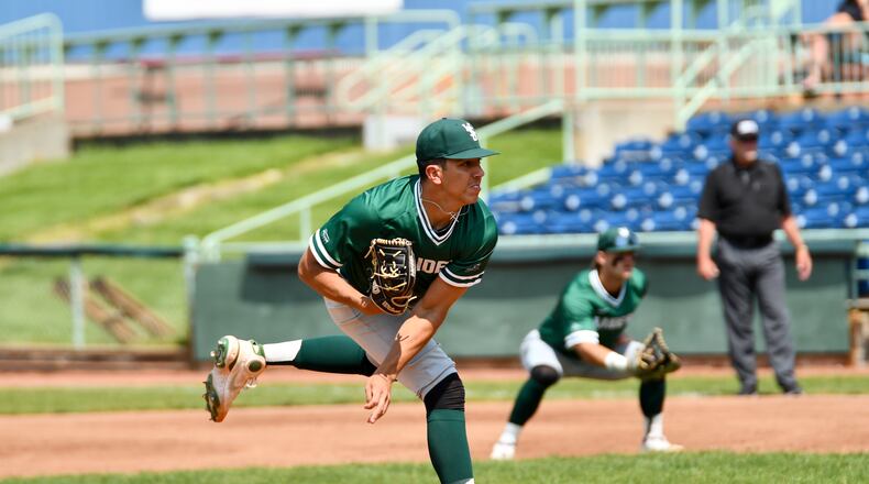 Wright State's Sebastian Gongora watches his pitch during a game last week at Youngstown State. The 6-foot-5 lefty has a 9-1 record and a 2.87 earned-run average with 77 strikeouts in 78.1 innings.He’s first in the Horizon League in wins and ERA. Wright State Athletics photo