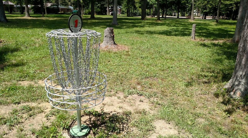 The baskets at the new disc gold course at Helke Park are numbered so that players can follow the course easier. SUBMITTED