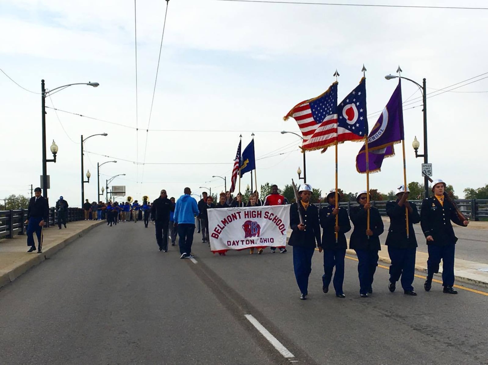 150 Dayton and Trotwood high school student marched across the Peace Bridge to vote for the first time at the Montgomery County Board of Elections. Photo: Bryan Stewart