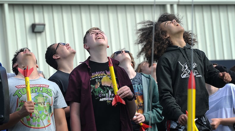 Xenia Community STE(A)M Academy, freshman students watch their rockets launch Friday, May 10, 2024. MARSHALL GORBY\STAFF
