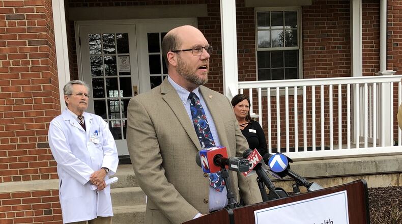 Miami County Health Commissioner Dennis Propes speaks during a news conference on Friday March 20, 2020 about the coronavirus outbreak at Koester Pavilion, a skilled nursing facility in Troy, Ohio. LYNN HULSEY/staff