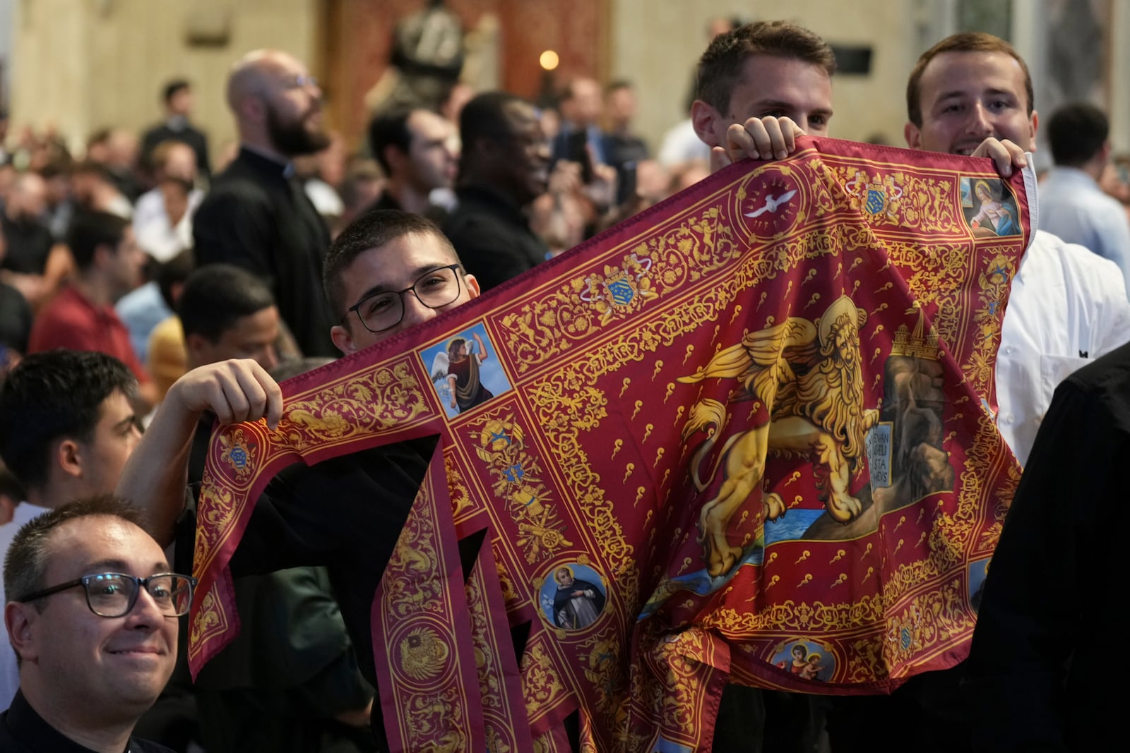 Seminarists attend Pope Leo XIV during a meditation with the participants into the Jubilee of Seminarists in St. Peter's Basilica at the Vatican, Tuesday, May 24, 2025. (AP Photo/Alessandra Tarantino)