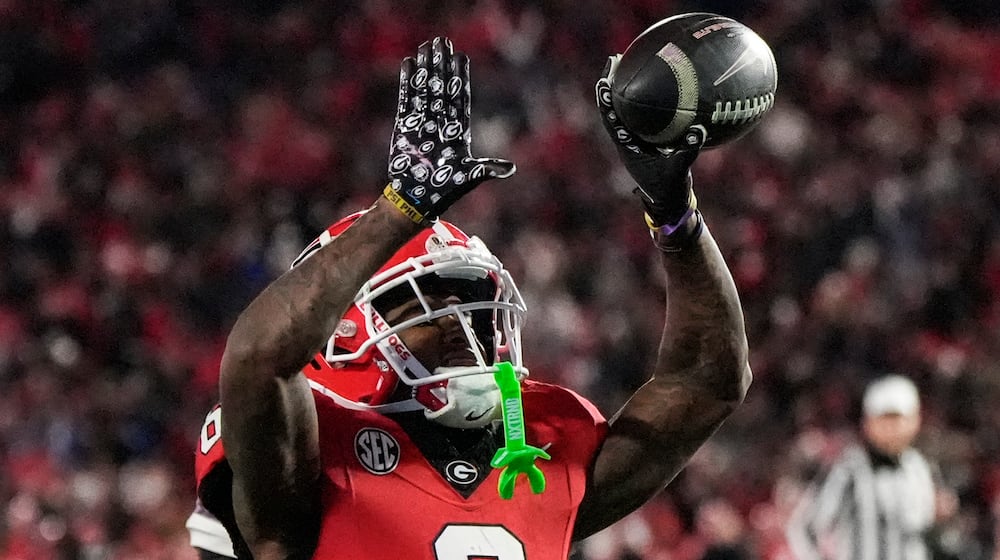 Georgia wide receiver Dominic Lovett (6) during the second half of an NCAA college football game, Saturday, Nov. 30, 2024, in Athens, Ga. Georgia won in eight overtime periods. (AP Photo/Mike Stewart)