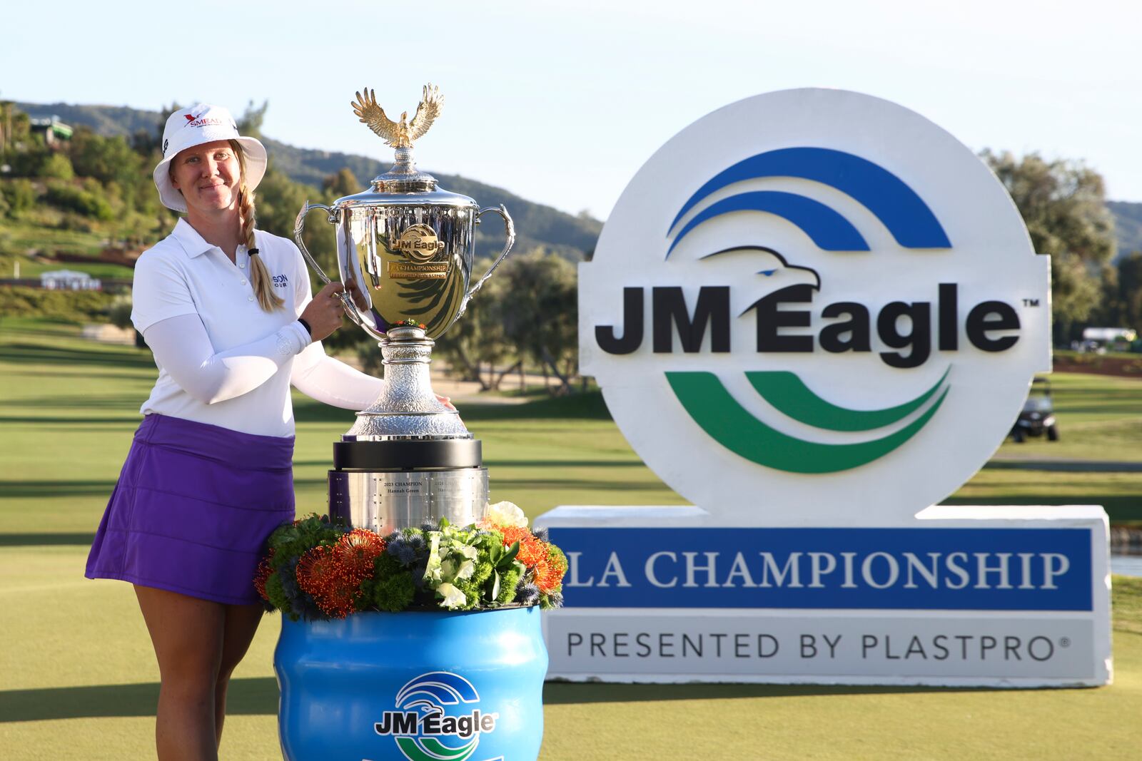 Ingrid Lindblad poses with the trophy after winning the LPGA JM Eagle LA Championship golf tournament at El Caballero Country Club, Sunday, April 20, 2025, in Los Angeles. (AP Photo/Jessie Alcheh)