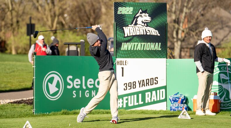 Wright State's Tyler Goecke hits his tee shot on the opening hole at Heatherwoode during last week's Wright State Invitational. Wright State Athletics photo