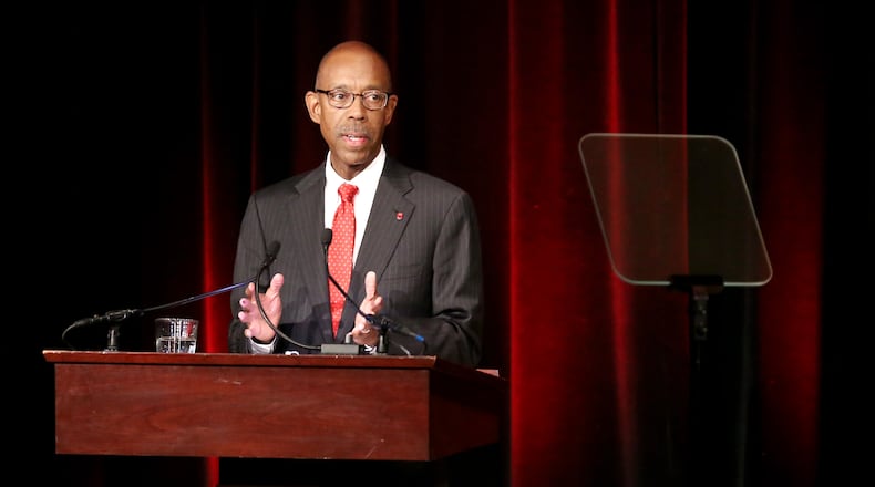 Ohio State University President Dr. Michael Drake gives his first State of the University address at the Ohio Union in 2014. (Columbus Dispatch photo by Fred Squillante)