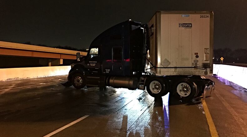A semi jackknifed on southbound I-75 near Main Street.