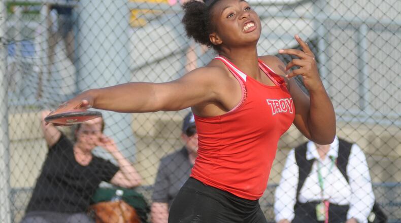Troy freshman Lenea Browder won the discus and shot put during the first day of the GWOC divisional track and field championships at Troy's Memorial Stadium on Wednesday, May 10, 2017. MARC PENDLETON / STAFF