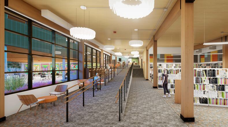 The interior of the new Lane Public Libraries’ branch in Fairfield Twp. will slope upward. Contributed photo