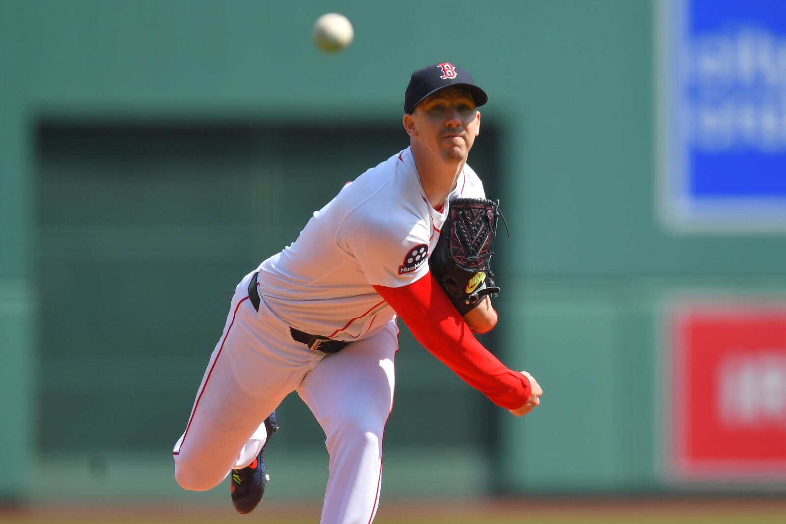 Boston Red Sox's Walker Buehler delivers a pitch to a Chicago White Sox batter in the first inning of a baseball game, Monday, April 21, 2025, in Boston. (AP Photo/Steven Senne)