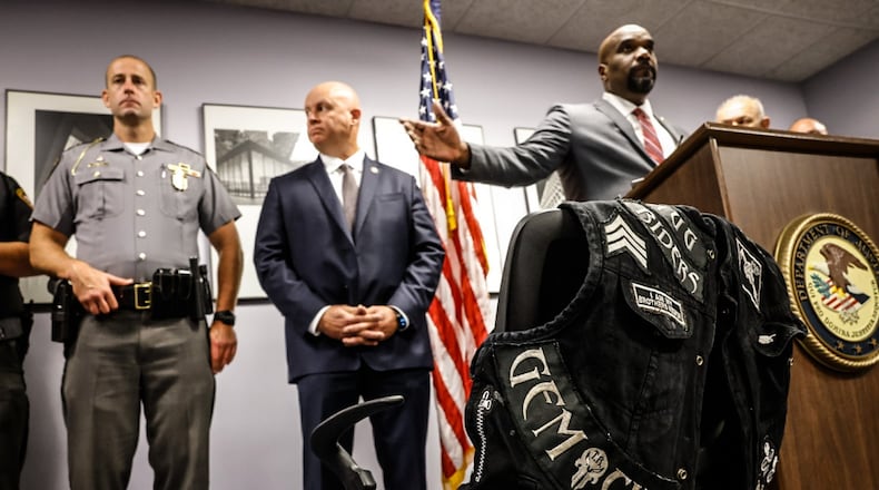 U.S. Attorney Kenneth Parker, Southern District of Ohio, discussed a 14-person indictment related to a racketeering scheme involving the Thug Riders Motorcycle club in Ohio and Kentucky on June 14, 2024. Approximately 330 law enforcement officers assisted with search warrants and arrests on Thursday, June 13, 2024, in connection to the case. JIM NOELKER/STAFF