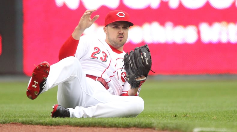Reds left fielder Adam Duvall makes a catch against the Braves on Monday, April 23, 2018, at Great American Ball Park in Cincinnati. David Jablonski/Staff