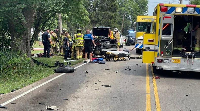 Three people were reported injured following a crash Aug. 5, 2023, in the 8400 block of Brown School Road in Vandalia. CONTRIBUTED
