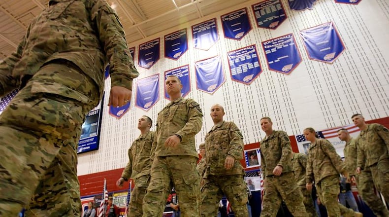 The Piqua community welcomed soldiers in the Ohio National Guard 1487th Transportation Co. back from Afghanistan in 2013. The 1487th’s tours of duty also included Operation Desert Storm in 1990 and Operation Iraqi Freedom in 2004. FILE