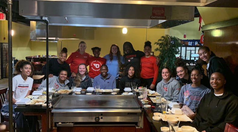 The Dayton women's basketball team poses for a photo at dinner at Osaka Japanese Steakhouse in Beavercreek on Thursday, Aug. 5, 2021. Contributed photo